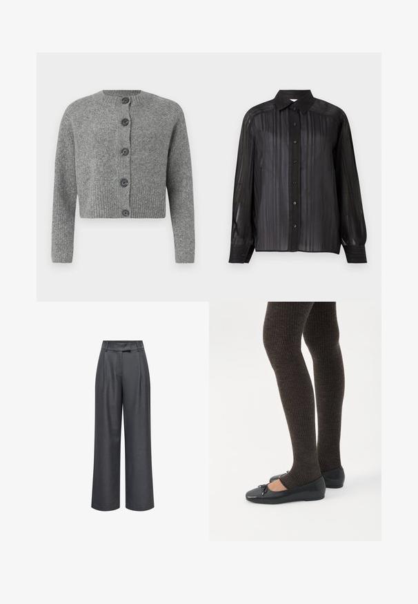 Cardigan gris court avec texture côtelée, col rond et six boutons foncés sur le devant. Manches longues avec poignets côtelés.; Chemise noire transparente à manches longues avec des rayures verticales, un devant à boutons et un col classique. Présente des boutons noirs et des accents aux poignets.; Pantalon large taille haute gris foncé avec passants de ceinture, plis devant et fermeture avant dissimulée.; Jambes portant des leggings côtelés foncés associés à des ballerines noires avec de petits détails en nœud sur fond blanc.