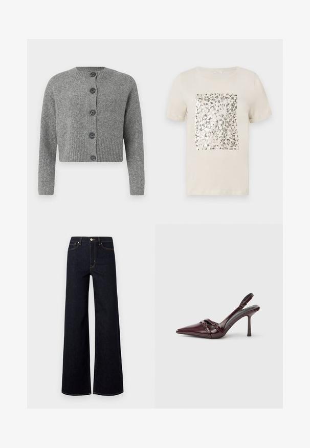 Grauer, kurzer Strick cardigan mit gerippter Textur, rundem Ausschnitt und sechs dunklen Knöpfen vorne. Lange Ärmel mit gerippten Bündchen.; Beige T-Shirt mit kurzen Ärmeln und einem quadratischen silbernen Tierdruck-Graphic in der Mitte. Weiches Baumwollmaterial, klassischer Rundhalsausschnitt.; Dunkelblaue weit geschnittene Jeans aus Denim, mit hoher Taille, Kontrastnähten und einem einzelnen Metallknopf vorne.; Bordeauxroter Slingback-Pumps aus Lackleder mit spitz zulaufender Vorderkappe, dünnem Knöchelriemen und kleiner dekorativer Schnalle. Glatte Textur und hoher Absatz.