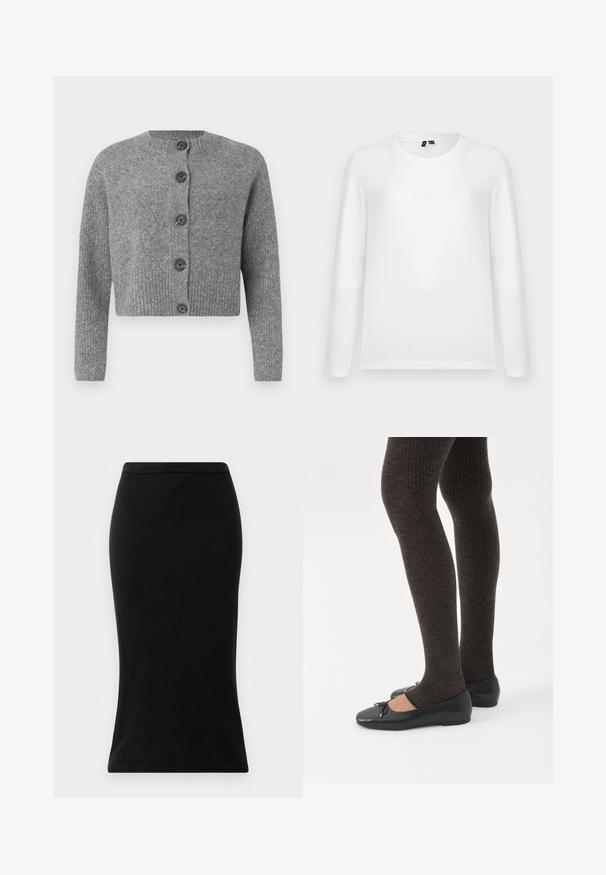 Grå kort cardigan med ribbet tekstur, rund halsudskæring og seks mørke knapper foran. Lange ærmer med ribbet manchetter.; Lys grå baggrund med en liggende hvid langærmet t-shirt med rund hals og synlige mærker ved kraven.; Sorte højtaljede blyantskirt lavet af glat stof, med en tætsiddende silhuet og en ren, strømlinet kant uden dekorationer.; Ben iført mørke ribbede leggings kombineret med sorte balletsko med små sløjfedetaljer på hvid baggrund.