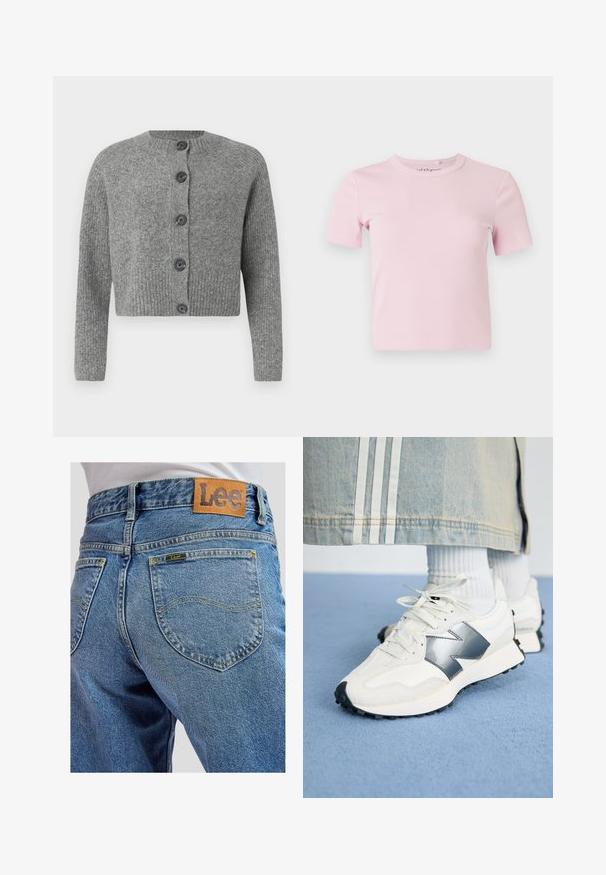 Grå kort cardigan med ribbet tekstur, rund halsudskæring og seks mørke knapper foran. Lange ærmer med ribbet manchetter.; Lyserød kortærmet, ribstrikket t-shirt med rund halsudskæring og en tætsiddende pasform. Stoffet har en blød tekstur og sparsomme detaljer.; Blå denimbukser med baglommer med gule syninger og et brunt lædermærke med Lee-brand på linningen.; Hvide sportsko med sølvdetaljer, tekstureret stof og glat læder; med en sort gummisål og snørebånd.