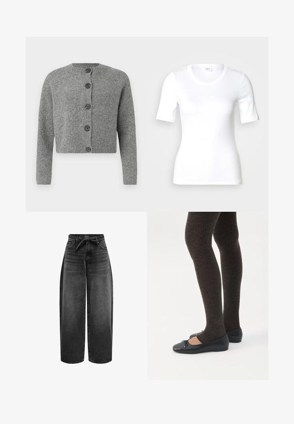 Grå kort cardigan med ribbet tekstur, rund halsudskæring og seks mørke knapper foran. Lange ærmer med ribbet manchetter.; Hvid T-shirt med korte ærmer lavet af glat bomuld, med rund halsudskæring og en tætsiddende pasform. Klassisk design uden mønstre eller detaljer.; ONLY Straight fit ONLGIANNA Mid waist Balloon - Jeans Straight Leg - washed black; Ben iført mørke ribbede leggings kombineret med sorte balletsko med små sløjfedetaljer på hvid baggrund.