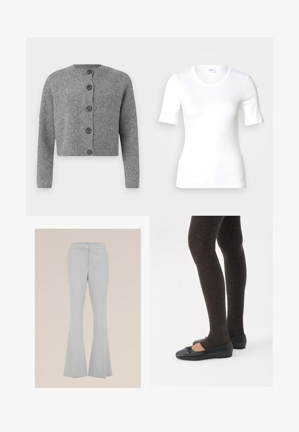Grijze geknipte cardigan met ribbeltextuur, ronde halslijn en zes donkere knopen aan de voorkant. Lange mouwen met ribbelboorden.; Wit T-shirt met korte mouwen van glad katoen, met een ronde halslijn en een aangesloten pasvorm. Klassiek ontwerp, zonder patronen of accenten.; Lichtgrijze uitlopende broek van een gladde stof, met een aansluitende taille en zijzakken, voorzien van een persnaad aan de voorkant voor extra structuur.; Benen met donkere geribbelde leggings gecombineerd met zwarte ballerina's met kleine strikdetails op een witte achtergrond.