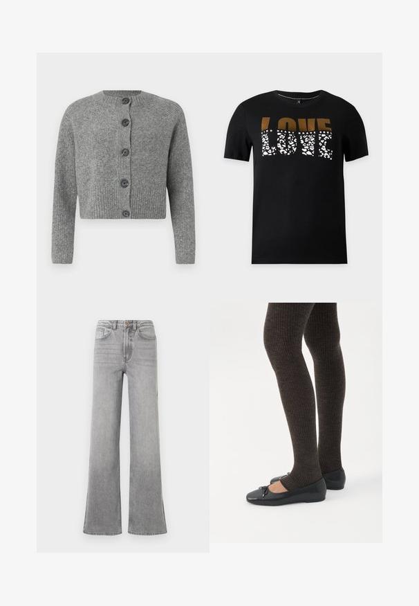 Cárdigan corto gris con textura acanalada, cuello redondo y seis botones oscuros en la parte delantera. Mangas largas con puños acanalados.; Camiseta negra de manga corta con la palabra LOVE impresa en letras grandes, con una mezcla de patrones de leopardo en dorado y blanco.; Jeans de mezclilla gris de campana con una cintura alta, bolsillos delanteros, trabillas para el cinturón y un sutil diseño descolorido, presentados sobre un fondo blanco.; Piernas con leggings oscuros acanalados combinados con bailarinas negras que presentan pequeños detalles de lazo sobre un fondo blanco.