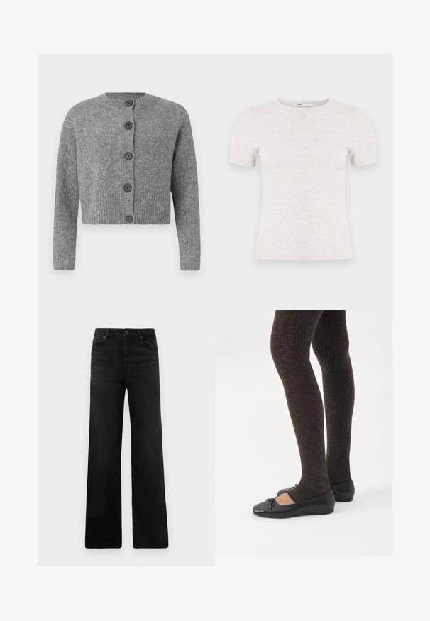 Grå kort cardigan med ribbet tekstur, rund halsudskæring og seks mørke knapper foran. Lange ærmer med ribbet manchetter.; Lysegrå kortærmet t-shirt lavet af ribstrikket stof med rund halsudskæring. Simpelt design, glat tekstur, uden synlige mønstre eller accenter.; Sorte denim bukser med vid ben og en klassisk fem-lomme-design, der inkluderer en knaplukning og subtil tekstur. Rene linjer og minimal pynt.; Ben iført mørke ribbede leggings kombineret med sorte balletsko med små sløjfedetaljer på hvid baggrund.