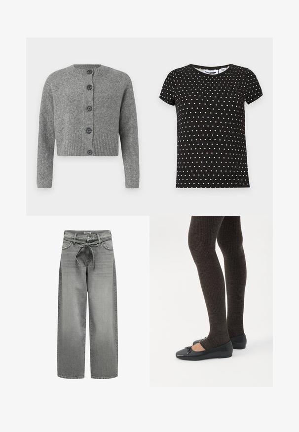 Grå kort cardigan med ribbet tekstur, rund halsudskæring og seks mørke knapper foran. Lange ærmer med ribbet manchetter.; Sort kortærmet t-shirt med hvide polkaprikker, rund halsudskæring og lige kant.; Bredde grå denim jeans med snøre i taljen og forlommer. Stoffet har en let struktur og en falmet overflade.; Ben iført mørke ribbede leggings kombineret med sorte balletsko med små sløjfedetaljer på hvid baggrund.