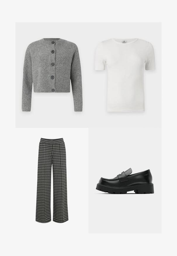 Cardigan gris court avec texture côtelée, col rond et six boutons foncés sur le devant. Manches longues avec poignets côtelés.; T-shirt blanc côtelé à manches courtes, col rond, coupe ajustée et étiquette de la marque JDY à l'intérieur du col.; ICHI IHKATE - Pantalon classique - vetiver; Mocassins en cuir noir avec une semelle épaisse et texturée, dotés d'une sangle sur le vamp et d'une finition lisse et polie.