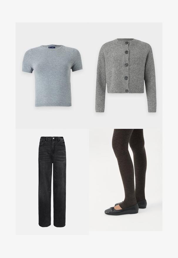 Cardigan gris court avec texture côtelée, col rond et six boutons foncés sur le devant. Manches longues avec poignets côtelés.; T-shirt gris à manches courtes en tissu tricoté doux, avec un col rond et une coupe ajustée, comportant des coutures minimales et sans motifs.; Jean large en denim noir à taille haute, avec cinq poches et fermeture à bouton à l'avant. Texture lisse avec un léger effet délavé.; Jambes portant des leggings côtelés foncés associés à des ballerines noires avec de petits détails en nœud sur fond blanc.