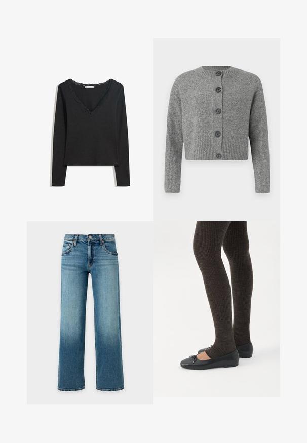 Cardigan gris court avec texture côtelée, col rond et six boutons foncés sur le devant. Manches longues avec poignets côtelés.; Haut noir à manches longues en tissu doux. Présente un décolleté en V profond avec une bordure en dentelle festonnée et une silhouette ajustée. Pas de motifs visibles.; Jean en denim bleu à jambes larges avec fermeture bouton et zip, poches avant et passants pour ceinture sur un fond clair.; Jambes portant des leggings côtelés foncés associés à des ballerines noires avec de petits détails en nœud sur fond blanc.