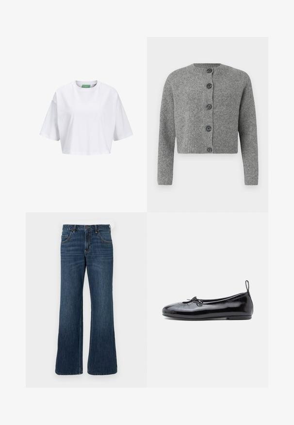 Grijze geknipte cardigan met ribbeltextuur, ronde halslijn en zes donkere knopen aan de voorkant. Lange mouwen met ribbelboorden.; Witte cropped t-shirt van katoen, met korte mouwen en een ronde hals. Groene label aan de binnenkant met zichtbare merknaam.; Donkerblauwe wijde jeans met klassiek ontwerp met vijf zakken, voorzien van een knoopsluiting en subtiele vervaging. Gemaakt van denimstof.; Zwarte gepoetste leren balletschoenen met een ronde neus, een klein strikje en een gladde textuur; heeft een lage platte zool en een lusje aan de hiel.