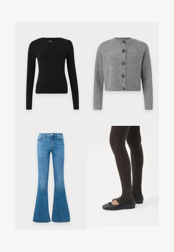 Grå kort cardigan med ribbet tekstur, rund halsudskæring og seks mørke knapper foran. Lange ærmer med ribbet manchetter.; Sort langærmet tætsiddende t-shirt med rund hals og lige kant, vist på en hvid baggrund.; Blå denim flared jeans med mellemhøj talje, der har fem lommer, en standard knaplukning og let falmning for struktur.; Ben iført mørke ribbede leggings kombineret med sorte balletsko med små sløjfedetaljer på hvid baggrund.