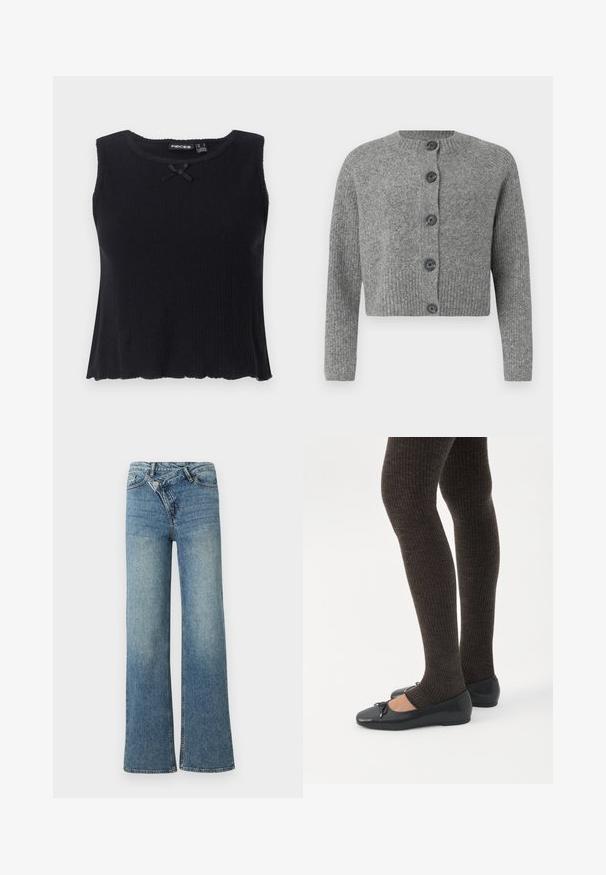 Grauer, kurzer Strick cardigan mit gerippter Textur, rundem Ausschnitt und sechs dunklen Knöpfen vorne. Lange Ärmel mit gerippten Bündchen.; Schwarzes, geripptes Trägershirt mit rundem Ausschnitt, ärmellosem Design und einem kleinen schwarzen Schleifenakzent vorne. Ausgestellter Saum und strukturiertes Material.; Hellblaue Jeans aus Denim mit weitem Bein, hoher Taille, leichter Verblassung und Knopfverschluss vorne. Verfügt über fünf Taschen und minimale Nähte.; Beine in dunklen, gerippten Leggings kombiniert mit schwarzen Ballerinas mit kleinen Schleifendetails auf weißem Hintergrund.