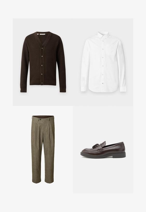 Cardigan castanho em malha com decote em V, apresentando um padrão texturizado, sete botões na frente e punhos e barra em risca.; Camisa branca de manga comprida feita de algodão. Apresenta colarinho com botões, bolso frontal e textura subtil. Bainha reta com fechos de botão.; Calças castanhas com padrão xadrez, frente plissada, bolsos laterais, cinto com passadores e fecho de botão.; Mocassins de couro castanho com bico arredondado, um tassel decorativo, detalhes costurados e um pequeno salto em borracha para maior conforto.