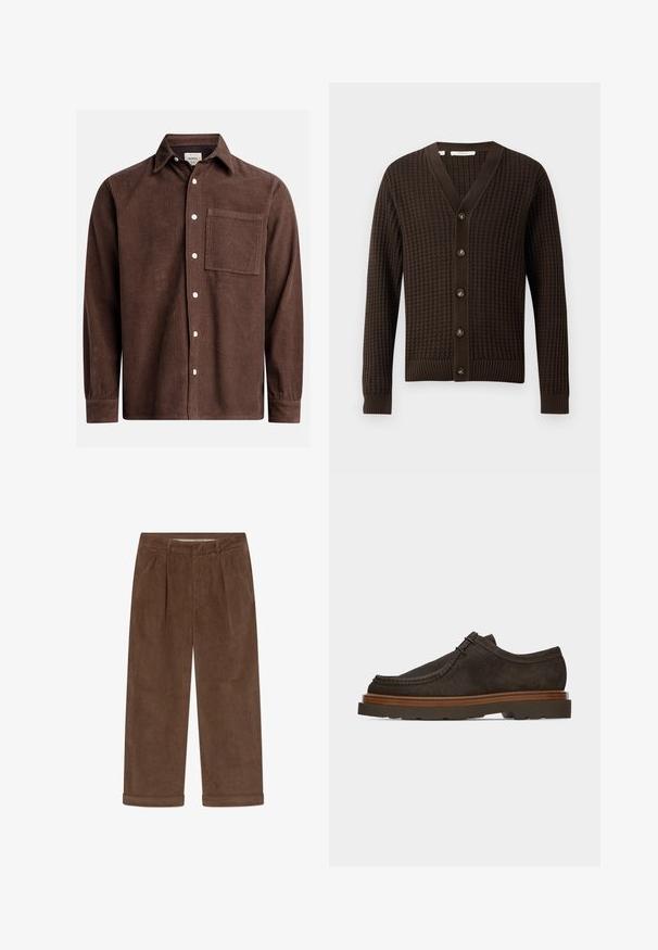 Cardigan en tricot marron avec un col en V, présentant un motif texturé, sept boutons sur le devant, et des poignets et une taille côtelés.; Chemise en velours côtelé marron avec un col boutonné, poche avant, boutons blancs et manches longues avec des poignets boutonnés. Détail de tissu texturé.; Pantalon large en velours côtelé marron avec ourlets repliés, plis devant, passants de ceinture et poches latérales.; Chaussure habillée pour homme en daim marron foncé, à lacets, avec surpiqûres apparentes et semelle en caoutchouc épaisse avec une couche intermédiaire en bois.