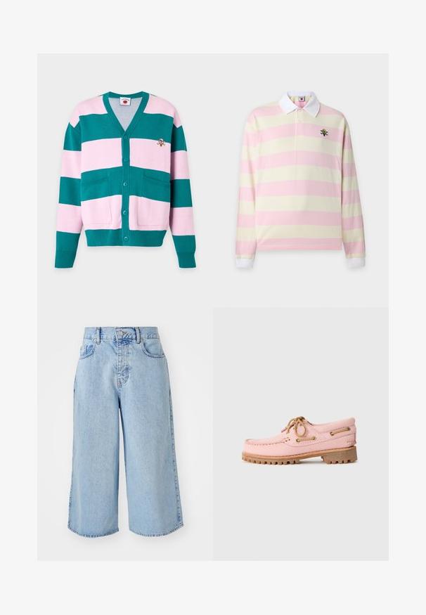 Gebreid vest met knopen, brede horizontale strepen in turquoise en roze, twee voorkanten zakken en een klein geborduurd patch met een schedel in de vorm van een ijsje op de borst.; Poloshirt met lange mouwen met brede horizontale roze en crèmestrepen, witte kraag en manchetten en een klein kleurrijk geborduurd logo op de borst.; Lichtblauwe denim culotte shorts met een hoge taille, vijf-pocket ontwerp en losse pasvorm. Beschikt over een vervaagde textuur en dubbel gestikte zoom.; Roze leren bootshoe met tan kleurige veters, metalen oogjes en een dikke bruine rubberen zool, zijwaarts weergegeven op een witte achtergrond.