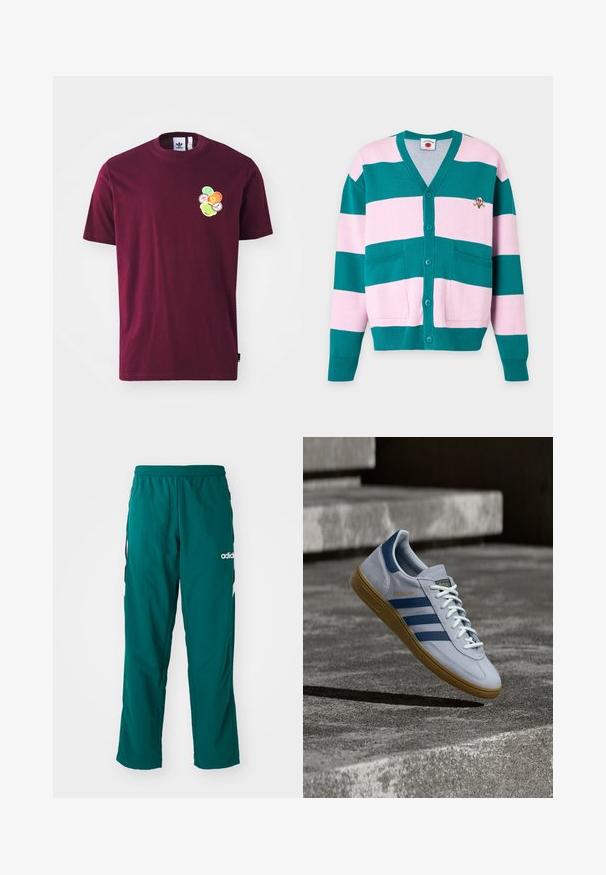 Cardigan med knapper med brede horisontale turkis og lyserøde striber, to forlommer samt et lille broderet isvaffelhoved på brystet.; Mørkerød bomulds t-shirt med korte ærmer og rund hals. Indeholder en broderet grafik på venstre bryst, inklusive farverige cirkulære design.; Grønne træningsbukser lavet af letvægtsstof, med elastisk talje, sidelommer og hvidt Adidas-logo på venstre side.; Lyseblå Adidas Spezial sneakers med marineblå striber og gummisål, vist i luften over betontrapper i et neutralt udendørsmiljø.