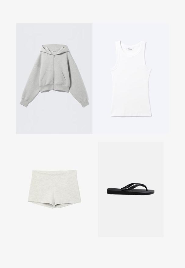 Sweat à capuche gris clair zippé avec poches avant, manches longues, poignets côtelés et capuche, étalé à plat sur un fond clair.; Débardeur blanc côtelé sans manches avec encolure ronde et une petite étiquette indiquant "WEEKDAY" à l'intérieur du col.; Shorts gris clair taille haute ajustés avec une texture lisse, sans motifs ni logos visibles.; Sandale tong noire en caoutchouc avec semelle texturée et brides lisses, vue de côté sur un fond gris clair uni.