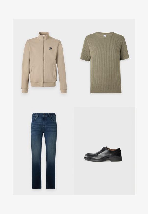 Beige jas met rits en hoge kraag, twee zijzakken, geribbelde manchetten en zoom, en een klein logoplaatje op de linkerborst.; Korte mouw ribgebreide trui in olijfgroen met ronde hals en fijne verticale strepen, weergegeven op een effen lichte achtergrond.; Blauwe denim jeans met een rechte pijp, voorzien van een gemiddelde taillehoogte, subtiele vervaging en een traditionele 5-pocket ontwerp.; Zwarte leren dresschoenen met een ronde neus, een gladde afwerking, veters en een lage, gestructureerde rubberen zool. Strakke lijnen en een minimalistisch ontwerp.