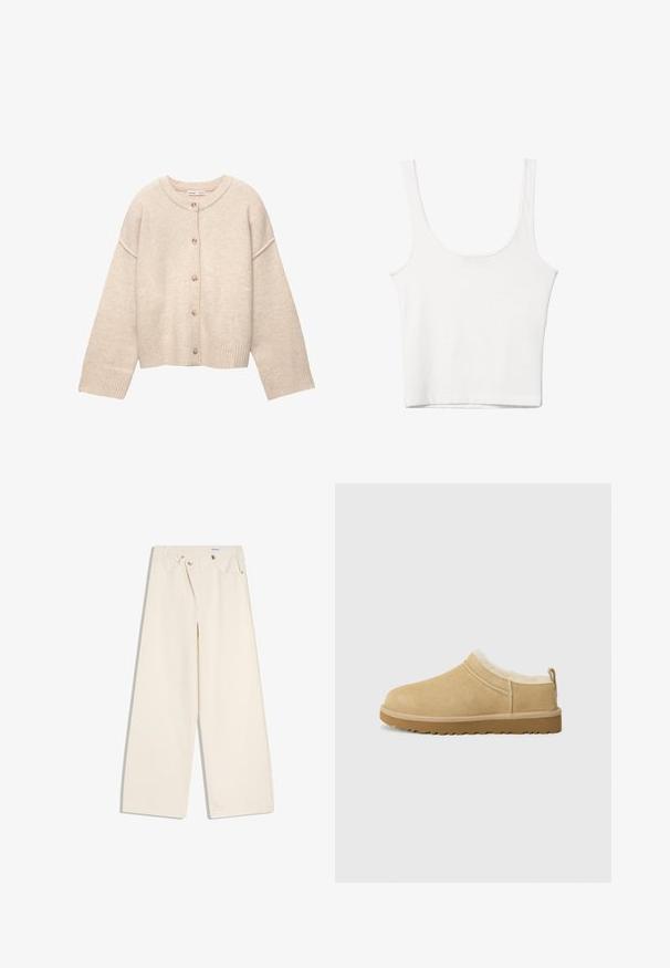 Beige uldcardigan med rund halsudskæring, fem knapper foran, lange ærmer og ribbede manchetter og kant.; Hvid bomulds tanktop med en rundet halsudskæring, uden ærmer og en tætsiddende pasform. Glat tekstur, ensartet design og minimale syninger.; Off-white bukser med vidde i benene, foranlommer, bærestropper og sølvknapper på linningen og lommekanter.; Suede slip-on sko i lys tan, med en blød pelsforing og tekstureret gummisål med en let hæl og bagestrop for nem påklædning.