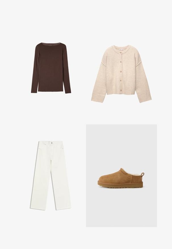 Beige uldcardigan med rund halsudskæring, fem knapper foran, lange ærmer og ribbede manchetter og kant.; Brun langærmet T-shirt med rund hals, enkel og tætsiddende design uden synlige mønstre eller logoer.; Hvide jeans med højt liv og lige ben, med forlommer og knaplukning på hvid baggrund.; Brune ruskind slip-on sko med blødt, hvidt pelsfor, flad gummisål, rund tå og lille trækstrop ved hælen.
