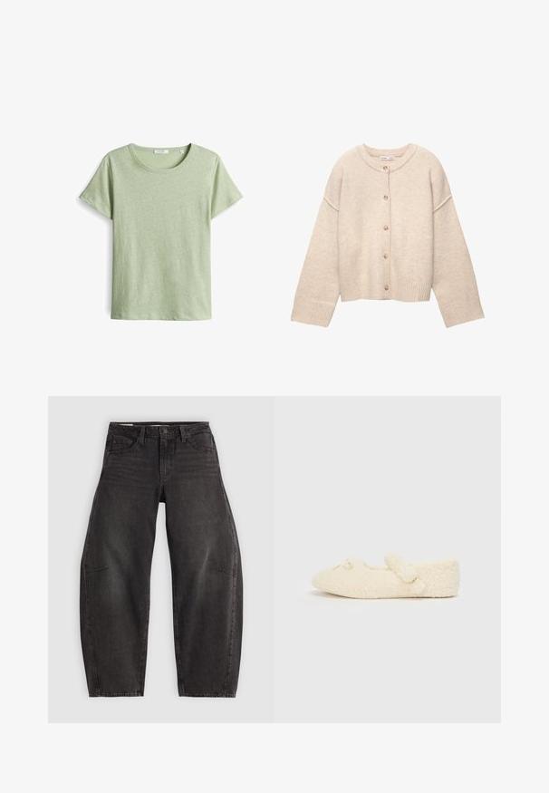 Beiger Wollcardigan mit rundem Ausschnitt, fünf Knöpfen vorne, langen Ärmeln sowie gerippten Bündchen und Saum.; Grünes Kurzarm-T-Shirt aus strukturiertem Stoff, mit einem runden Ausschnitt und geradem Schnitt. Einfaches Design ohne zusätzliche Muster.; Schwarze Denim-Jeans mit Relaxed Fit, ausgestattet mit fünf Taschen, einem Knopfverschluss und subtilen Verblassungen. Der Stoff hat eine glatte, robuste Textur.; Cremefarbene Hausschuhe mit samtiger Textur, flachem Design, runder Zehenpartie und einem dekorativen Riemen mit einem kleinen Akzent.