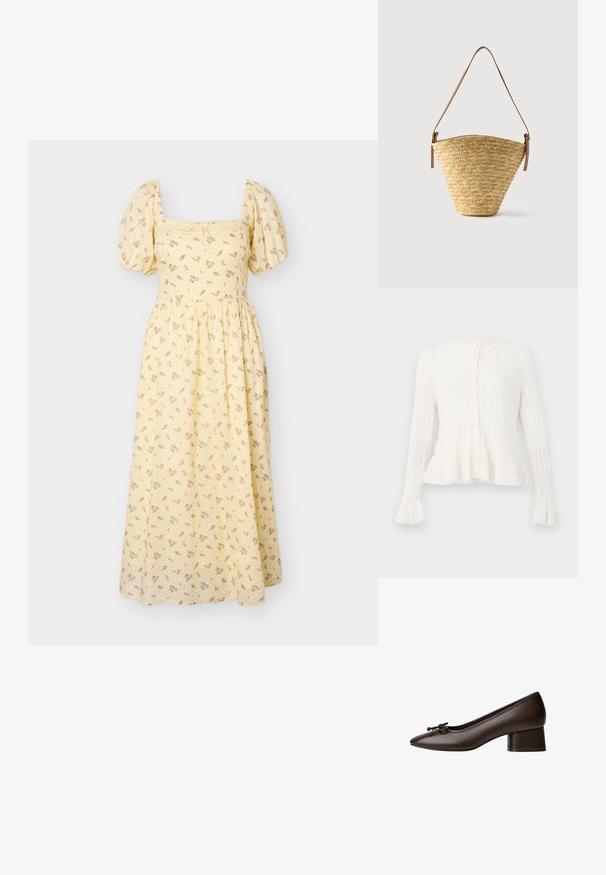 Cardigan long à manches longues en tricot crème avec un col rond, une fermeture à boutons, une basque et des poignets froncés.; Robe midi jaune avec manches bouffantes, encolure carrée, imprimé floral délicat et taille froncée.; Escarpin en cuir marron à petit talon, avec un bout pointu et un nœud décoratif à l'avant. Texture lisse et design structuré.; Sac seau en paille tissée avec une base large, un sommet étroit et une bandoulière en cuir marron ajustable.