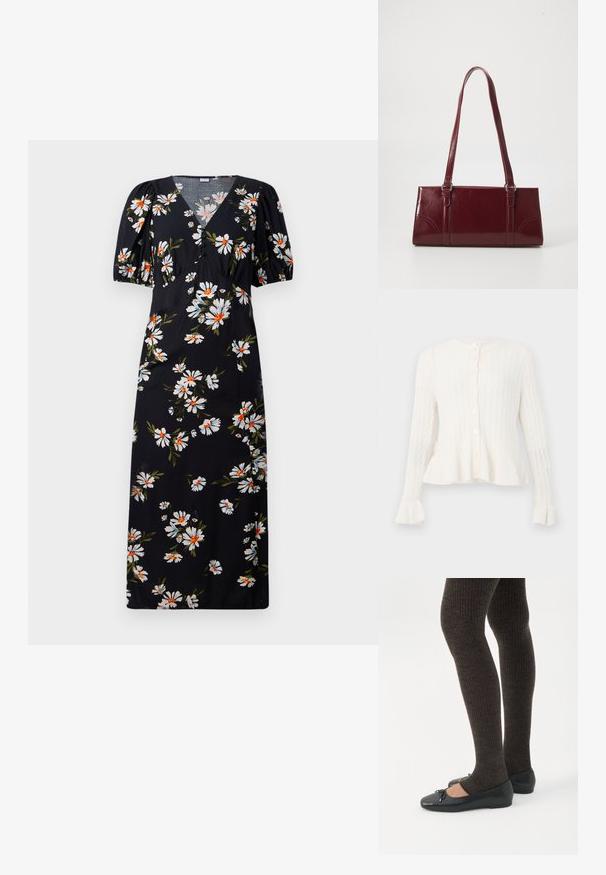 Cardigan long à manches longues en tricot crème avec un col rond, une fermeture à boutons, une basque et des poignets froncés.; Robe longue noire à manches bouffantes, présentant un motif floral blanc et orange. Design à col en V avec des détails froncés au niveau de la poitrine.; Jambes portant des leggings côtelés foncés associés à des ballerines noires avec de petits détails en nœud sur fond blanc.; Sac à main bordeaux en matériau brillant, de forme rectangulaire, avec deux anses et des accents légèrement courbés à l'avant.