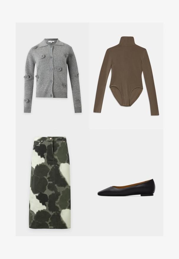 Grauer Strick-Cardigan mit Knöpfen, langen Ärmeln, gerippten Bündchen und Saum sowie erhabenen kreisförmigen Strickmustern, die vorne und an den Ärmeln verteilt sind.; Langarm-Bodysuit aus dunkelbraunem Stoff mit hohem Kragen, glatter Textur und tiefem Rückenausschnitt für eine enge Passform.; Cargohosenrock mit Camouflage-Muster in Dunkelgrün und Schwarz, mit hoher Taille, vier Taschen und metallic Akzenten. Mittellang und gerade geschnitten.; Schwarzer flacher Schuh aus Leder mit spitz zulaufender Vorderkappe, niedrigem Absatz und glatter Oberfläche, von der Seite vor einem hellgrauen Hintergrund dargestellt.