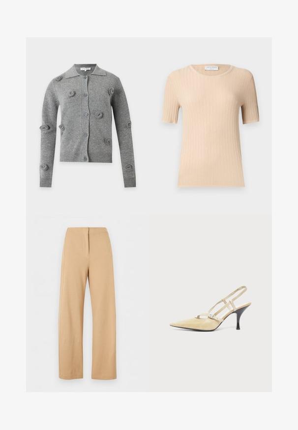 Cardigan gris à boutons avec manches longues, poignets et ourlet côtelés, et motifs tricotés circulaires en relief dispersés sur le devant et les manches.; Haut en maille côtelé beige à manches courtes, col rond, coupe ajustée et étiquette "Tiger of Sweden" visible à l'intérieur du col.; Pantalon beige taille haute à jambes larges avec un détail simple de couture frontale et une fermeture dissimulée, présenté sur fond blanc.; Escarpin slingback beige à bout pointu avec fines brides et boucle argentée sur un talon aiguille noir de hauteur moyenne sur fond blanc.
