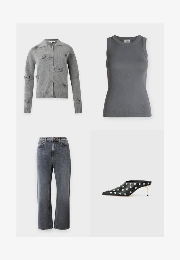 Cardigan gris à boutons avec manches longues, poignets et ourlet côtelés, et motifs tricotés circulaires en relief dispersés sur le devant et les manches.; Débardeur côtelé gris foncé sans manches avec un col rond et une étiquette de marque à l'intérieur du col.; Jean en denim gris foncé avec une taille haute, une coupe droite, cinq poches et des coutures orange contrastantes.; STAND STUDIO KELSEY - Mules à talons - black