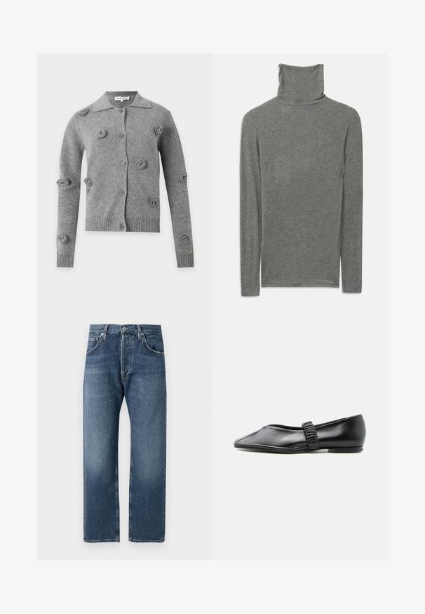 Grijze vest met knopen, lange mouwen, geribde boorden en zoom, en verhoogde ronde breipatronen verspreid over de voorkant en mouwen.; Grijze langemouwen turtleneck shirt gemaakt van een zachte, gestructureerde stof. Heeft een hoge halsontwerp en een aansluitende pasvorm.; Blauwe spijkerbroek met rechte pijpen, klassieke vijf-pocketontwerp en knoopsluiting, tentoongesteld tegen een witte achtergrond.; Zwarte leren platte schoen met een geplooide band over de bovenkant en een licht puntige neus, afgebeeld tegen een effen achtergrond.