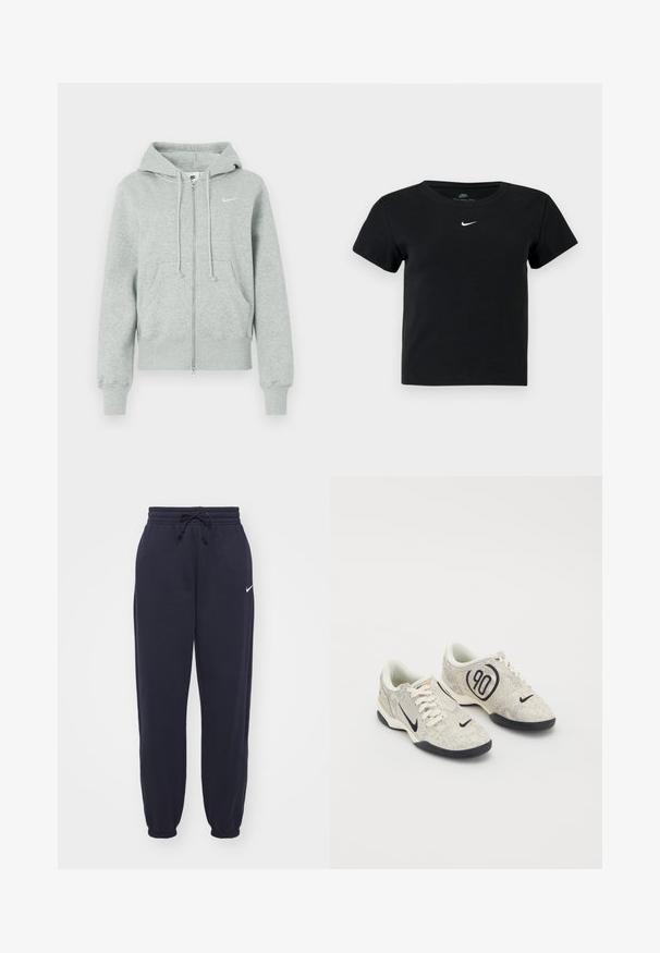 Sudadera de cremallera Nike de color gris claro con capucha, bolsillos frontales, cordones, puños acanalados y logo de Nike en blanco en el pecho.; Camiseta negra de rayas con mangas cortas, que presenta un pequeño logo blanco de Nike en el pecho y un cuello redondo.; Pantalones de chándal Nike en azul marino, hechos de un material suave. Cuenta con una cintura elástica con cordón y tobillos ajustados. Pequeño acento con el logo blanco.; Zapatillas Nike con un upper texturizado en beige y gris, acentos negros, un gran logo de "90" y un cierre de cordones blancos. Suela negra.