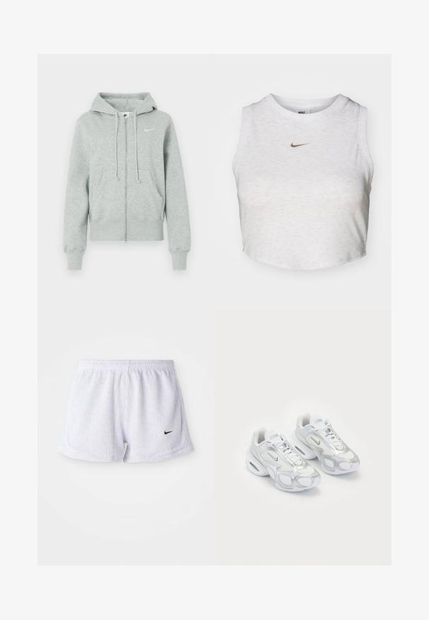 Sudadera de cremallera Nike de color gris claro con capucha, bolsillos frontales, cordones, puños acanalados y logo de Nike en blanco en el pecho.; Top corto blanco hecho de una tela suave y texturizada. Presenta un cuello redondo y un diseño sin mangas, con un pequeño logotipo dorado de Nike en la parte delantera.; Bermudas deportivas blancas con costillas, cinturilla elástica y pequeño logo negro de Nike en la parte inferior izquierda. Diseño simple y minimalista.; Zapatillas deportivas blancas con parte superior de malla y acentos plateados, una forma única y amortiguación de aire en el talón. Diseño con cordones y logotipo.