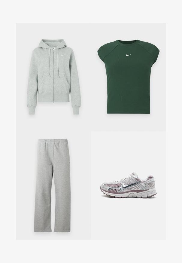 Sudadera de cremallera Nike de color gris claro con capucha, bolsillos frontales, cordones, puños acanalados y logo de Nike en blanco en el pecho.; Top atlético de manga corta en verde oscuro con textura acanalada y cuello redondo, que presenta un pequeño logotipo de Nike en blanco en el pecho.; Pantalones deportivos gris claro con cintura elástica y un pequeño logo blanco de Nike en la parte superior del muslo, mostrados planos sobre un fondo blanco.; Zapatilla deportiva de Nike con parte superior de malla blanca con detalles plateados, detalles en rosa y una suela gruesa, acolchada y texturizada.