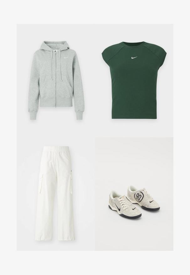 Sudadera de cremallera Nike de color gris claro con capucha, bolsillos frontales, cordones, puños acanalados y logo de Nike en blanco en el pecho.; Top atlético de manga corta en verde oscuro con textura acanalada y cuello redondo, que presenta un pequeño logotipo de Nike en blanco en el pecho.; Pantalones cargo blancos con un diseño de pierna ancha, que cuentan con una cinturilla elástica y bolsillos laterales. Tejido texturizado con un acabado suave.; Zapatillas Nike con un upper texturizado en beige y gris, acentos negros, un gran logo de "90" y un cierre de cordones blancos. Suela negra.