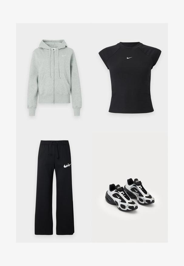 Sudadera de cremallera Nike de color gris claro con capucha, bolsillos frontales, cordones, puños acanalados y logo de Nike en blanco en el pecho.; Top negro de manga corta con textura acanalada, con cuello redondo y pequeño logo blanco de Nike en el pecho.; Pantalones de chándal negros de material suave, con una cintura elástica con cordón y un logo blanco de Nike en el lado izquierdo.; Zapatos deportivos negros y plateados con parte superior de malla y sintético, que presentan un diseño ondulante distintivo y un collar acolchado, con amortiguación de aire en la suela.
