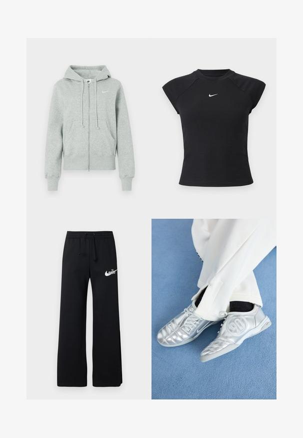 Lys grå Nike zip-up hoodie med hætte, forlommer, snore, ribbede ærmer og hvid Nike swoosh-logo på brystet.; Sort top med korte ærmer i ribbet tekstur, med rund halsudskæring og lille hvid Nike-logo på brystet.; Sorte joggingbukser i blødt materiale med elastisk taljebånd og snøre samt et hvidt Nike-logo på venstre side.; Sølv athletic sko med en glat, skinnende finish, der har et syet design og nummer 90 på siden, parret med hvide bukser.