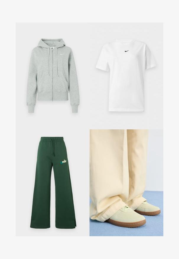 Haut à zip Nike gris clair avec capuche, poches avant, cordons de serrage, poignets côtelés et logo Swoosh blanc sur la poitrine.; T-shirt blanc manches courtes à col rond avec un petit logo noir Nike Swoosh centré près du col.; Pantalons de survêtement larges vert foncé avec taille élastique, cordon de serrage, poches latérales et logo Nike brodé turquoise sur la cuisse gauche.; Baskets en daim vert avec des bouts ronds et des semelles texturées, associées à un pantalon beige large, sur une surface bleue.