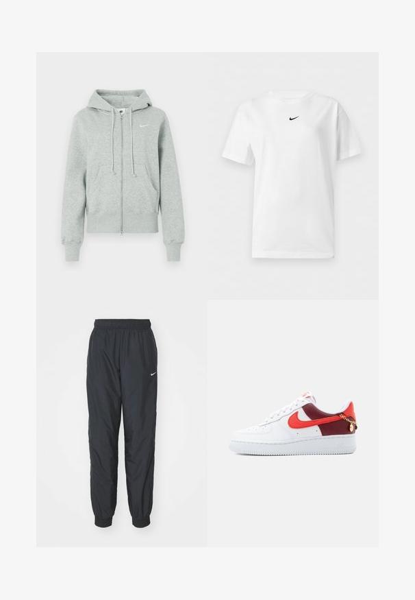 Sudadera de cremallera Nike de color gris claro con capucha, bolsillos frontales, cordones, puños acanalados y logo de Nike en blanco en el pecho.; Camiseta blanca de manga corta con cuello redondo y un pequeño logo negro de Nike Swoosh centrado cerca del cuello.; Pantalones de chándal negros de Nike hechos de un tejido ligero, con una cinturilla y puños elásticos, y un pequeño logo blanco en la pierna izquierda.; Zapatilla Nike Air Force 1 blanca con paneles en rojo y granate, swoosh rojo y pequeña cadena dorada cerca del talón.