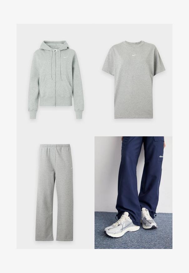 Sudadera de cremallera Nike de color gris claro con capucha, bolsillos frontales, cordones, puños acanalados y logo de Nike en blanco en el pecho.; Camiseta gris de algodón de manga corta con cuello redondo y pequeño logo blanco de Nike swoosh centrado en el pecho.; Pantalones deportivos gris claro con cintura elástica y un pequeño logo blanco de Nike en la parte superior del muslo, mostrados planos sobre un fondo blanco.; Zapatillas deportivas Nike con parte superior de malla plateada, acentos blancos y suelas texturizadas, combinadas con pantalones azul marino de corte holgado.