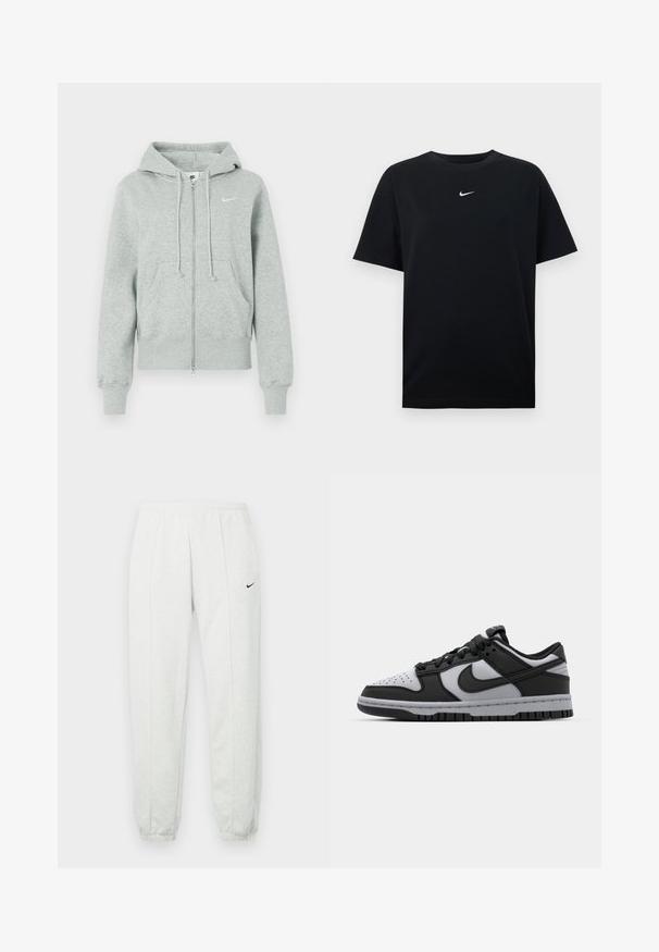 Sudadera de cremallera Nike de color gris claro con capucha, bolsillos frontales, cordones, puños acanalados y logo de Nike en blanco en el pecho.; Camiseta de algodón negra con cuello redondo y mangas cortas. Cuenta con un pequeño logo blanco de Nike centrado en el pecho. Textura suave.; Pantalones deportivos Nike de color gris claro con una cintura elástica, puños ajustados y un pequeño logo negro en el muslo izquierdo. Tela suave y texturizada.; Zapatillas bajas Nike Dunk en negro y gris, con punta perforada, detalles en cuero liso y suela de goma que presenta un patrón de tracción texturizado.