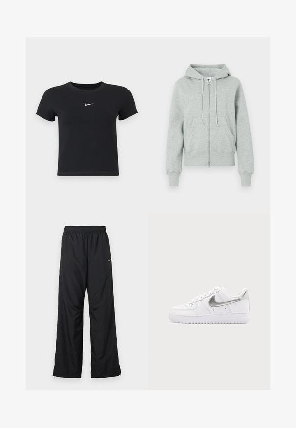 Sudadera de cremallera Nike de color gris claro con capucha, bolsillos frontales, cordones, puños acanalados y logo de Nike en blanco en el pecho.; Camiseta negra de manga corta hecha de algodón con un cuello redondo. Presenta un logo blanco de Nike en el pecho, diseño minimalista y forma ajustada.; Pantalones deportivos negros con cintura elástica, bolsillos laterales y corte holgado. Fabricados con tela ligera y suave con un sutil brillo.; Zapatilla blanca de corte bajo con el logo Nike en plata metálica y cordones blancos sobre un fondo gris claro liso.
