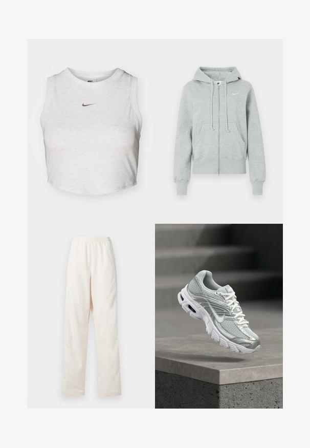 Sudadera de cremallera Nike de color gris claro con capucha, bolsillos frontales, cordones, puños acanalados y logo de Nike en blanco en el pecho.; Top corto blanco hecho de una tela suave y texturizada. Presenta un cuello redondo y un diseño sin mangas, con un pequeño logotipo dorado de Nike en la parte delantera.; Pantalones de color crema con cintura elástica y corte de pierna recta, de ajuste suelto, exhibidos sobre un fondo blanco liso.; Zapato de running Nike gris claro y blanco con tejido de malla y suela gruesa que flota sobre un saliente de hormigón frente a un fondo desenfocado de escaleras.