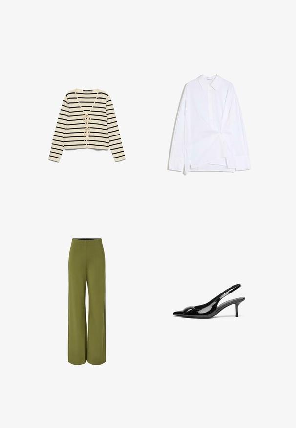 Cardigan à rayures, à manches longues, en crème et noir, avec un décolleté en V et une fermeture frontale à cordon. Texture tricot douce, coupe décontractée.; Chemise blanche à manches longues avec boutons, devant asymétrique torsadé et col classique, présentée sur un fond blanc.; Pantalon large vert olive avec une taille haute et un tissu lisse et fluide, présenté sur fond blanc.; Escarpins slingback en cuir verni noir avec un bout pointu et une finition brillante. Présente un talon fin et un accent arrondi au dessus du pied.
