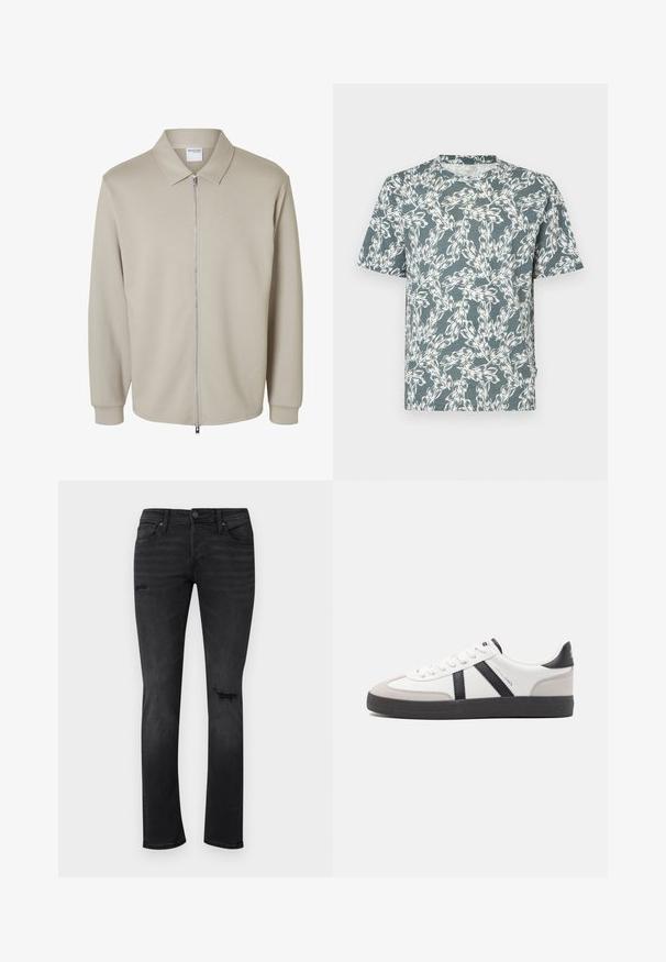 Lysebeige jakke med lange ærmer, forreste lynlås og spids krave, der viser en "Selected Homme" label inde i kraven.; Kortærmet T-shirt i teal-farve med et hvidt blomsterdesign. Fremstillet af letvægtsstof med en afslappet pasform.; Sorte denimjeans med slim fit, med synlige slidte områder ved knæene, fem lommer og en standard knap- og lynlåslukning.; Hvide sneakers med sorte og grå detaljer, med en tekstureret grå tåhætte, sort gummisål og flade hvide snørebånd. Rent design, minimalistisk stil.