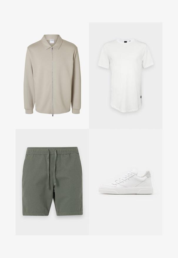Lysebeige jakke med lange ærmer, forreste lynlås og spids krave, der viser en "Selected Homme" label inde i kraven.; Hvid kortærmet t-shirt lavet af bomuld, med rund halsudskæring og en let forlænget ryg, samt en lille logoaccent på siden.; Olivengrønne shorts lavet af struktureret stof, med elastisk talje og justerbare snore, samt en afslappet pasform.; Hvide lædersneakers med en glat finish, rund tå, flade snørebånd og en struktureret sål. Grå ruskindsdetalje ved hælen.