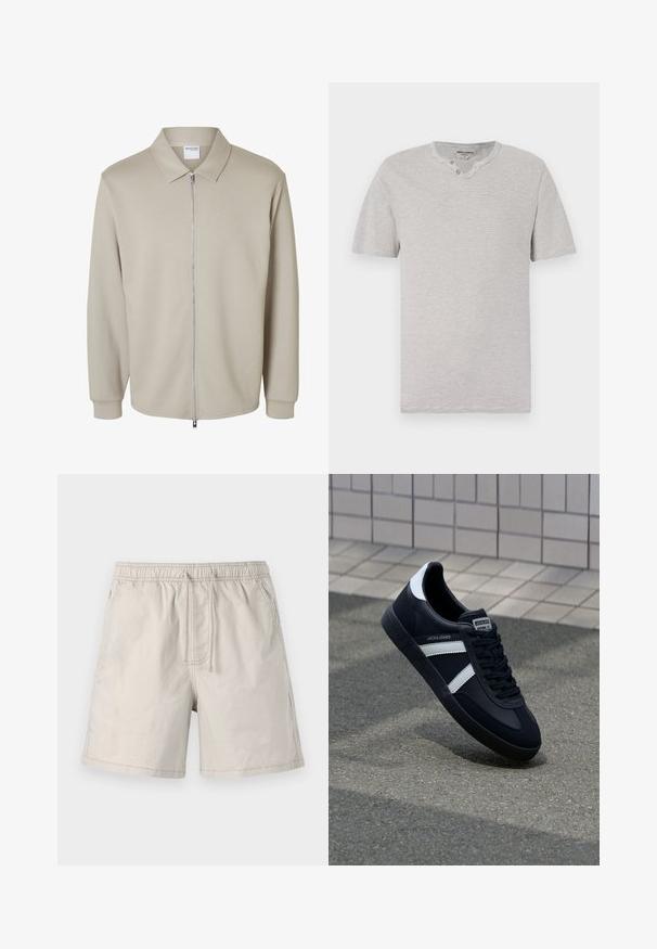 Chaqueta de manga larga beige clara con cremallera frontal y cuello puntiagudo, mostrando una etiqueta "Selected Homme" dentro del cuello.; Camiseta de manga corta, a rayas grises y blancas, con cuello redondo y detalle de dos botones en el escote. Tejido suave con un ajuste casual.; Pantalones cortos beiges hechos de una tela ligera, con cinturilla elástica, cordón y bolsillos laterales con costuras en contraste.; Zapatilla de cuero negra con rayas blancas, suela de goma texturizada y parte frontal con cordones. Cuenta con una etiqueta de marca en la lengüeta.