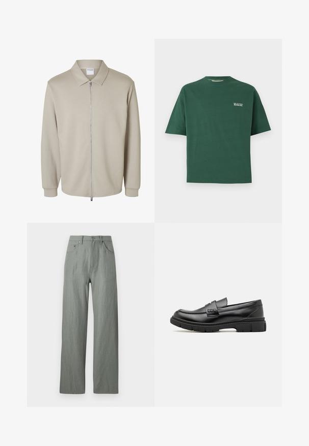 Chaqueta de manga larga beige clara con cremallera frontal y cuello puntiagudo, mostrando una etiqueta "Selected Homme" dentro del cuello.; Camiseta de algodón verde de manga corta con un cuello redondo, que presenta un pequeño logo blanco "SELECTED" en el lado izquierdo del pecho.; Pantalones de pierna ancha en verde claro, hechos de una tela suave y texturada. Incluye un cierre de botón frontal y cinco bolsillos.; Mocasin de cuero negro con una cinta ancha en el empeine, suela de goma con tacos gruesos y textura suave. Diseño clásico y elegante.