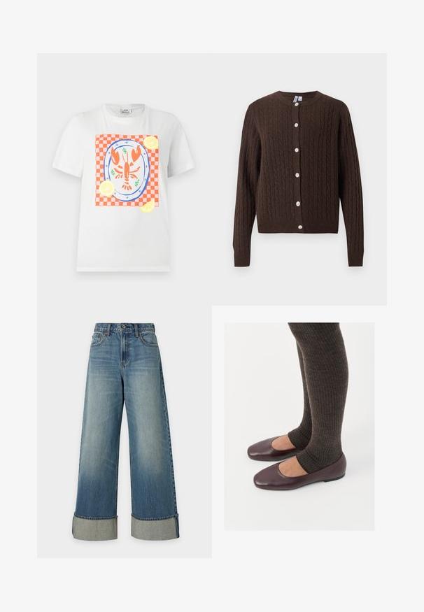 Cardigan boutonné en maille torsadée marron foncé avec manches longues et col rond sur fond blanc.; T-shirt blanc à manches courtes avec un homard rouge sur une assiette, placé sur un tissu à carreaux rouge et blanc avec des tranches de citron autour.; Jean en denim bleu à jambes larges, taille haute, bouton et fermeture éclair devant, poches et larges revers aux chevilles.; Ballerines en cuir verni bourgogne à bout carré, accompagnées de chaussettes en tricot côtelé marron foncé atteignant le molet.