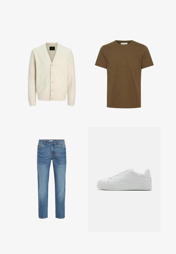 Lys beige cardigan lavet af blødt strikket stof, med V-hals, lange ærmer og seks knaplukninger med teksturerede detaljer.; Oliven grøn kortærmet T-shirt lavet af blødt stof, med en afslappet pasform og en brystlomme på venstre side.; Lysblå denim jeans med et klassisk lige ben-design, der har fem lommer, metalknaplukning og en let falmning på stoffet.; Hvide lædersneakers med en chunky platformsål, rund tå og seks snørehuller. Glat tekstur med subtile syninger.