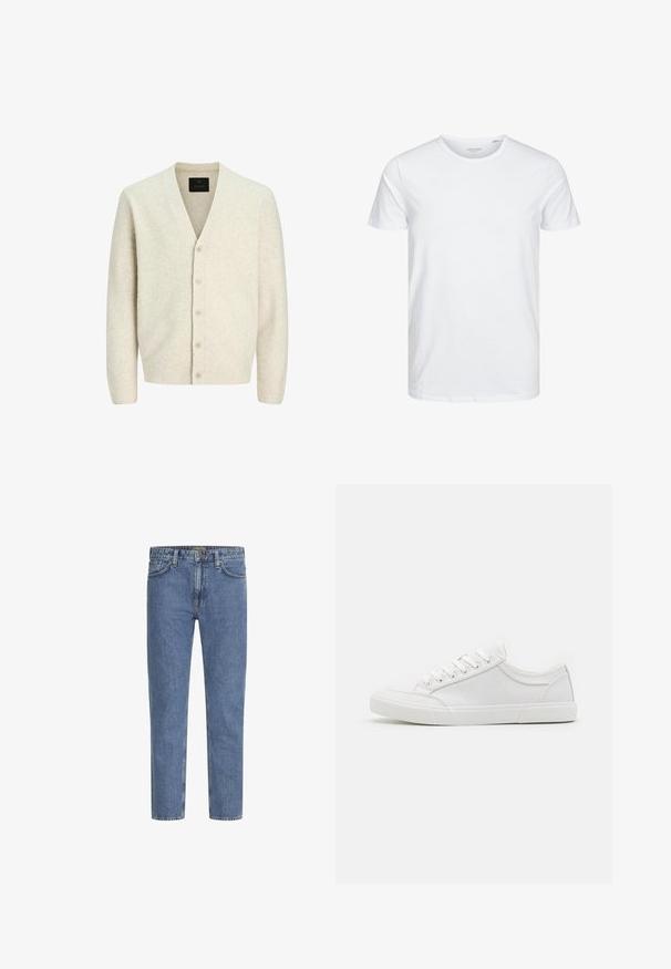 Lys beige cardigan lavet af blødt strikket stof, med V-hals, lange ærmer og seks knaplukninger med teksturerede detaljer.; Rundhals kortærmet t-shirt i ensfarvet hvid, lavet af blød bomuld, har et simpelt design uden synlige mønstre eller detaljer.; Lyseblå denimjeans med lige ben, fem lommer og kontrastsyede syninger. Let falmet for et slidt look. Kraftig metal knap.; Hvide sneakers med en glat læderoverdel, rund tå, flad gummisål og seks øjestik til snørebånd. Subtile syninger og minimalistisk design.